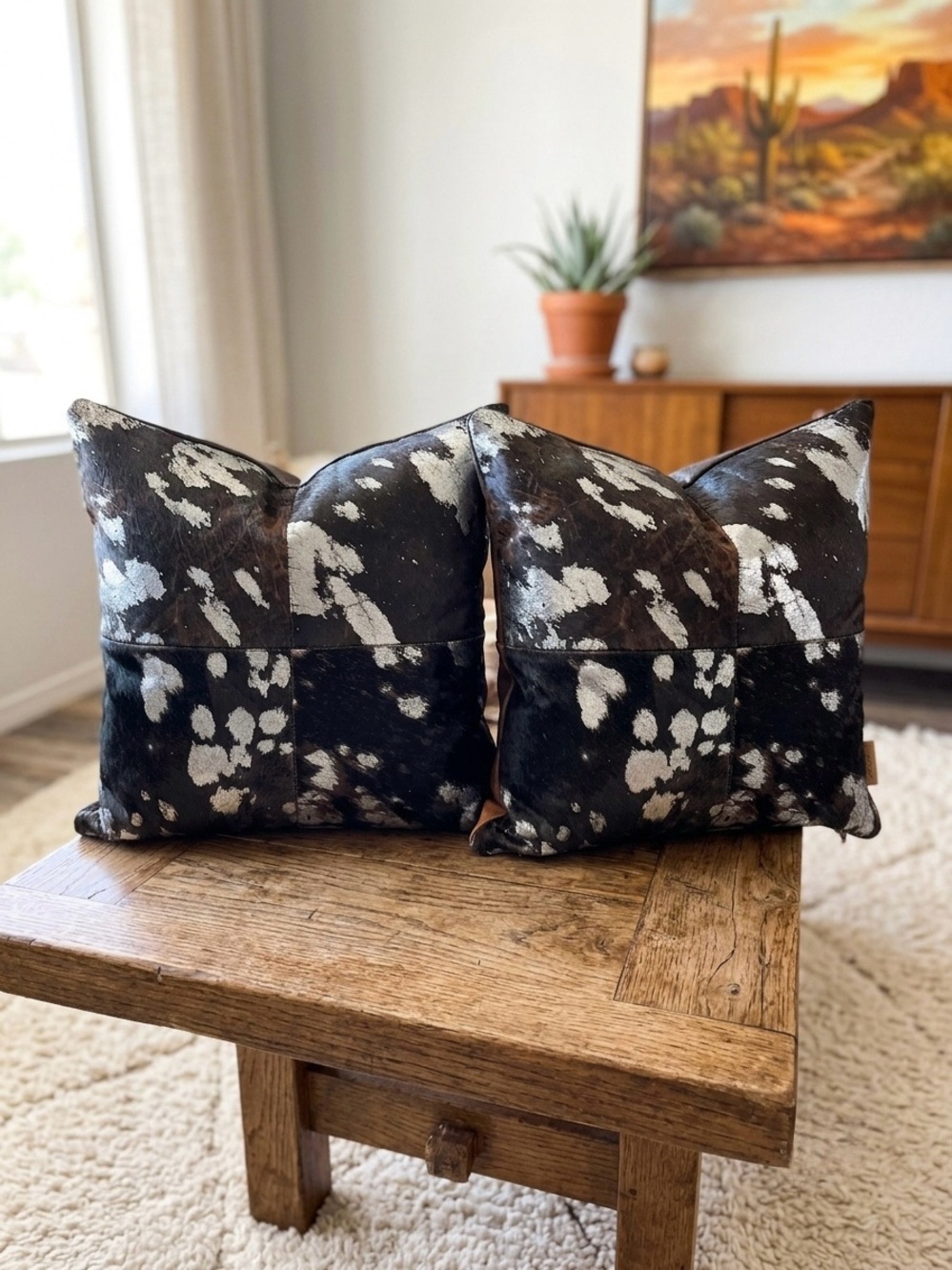 Set of 2 Designer M Tag Genuine Hair-on-Hide Cowhide Pillows 15x15